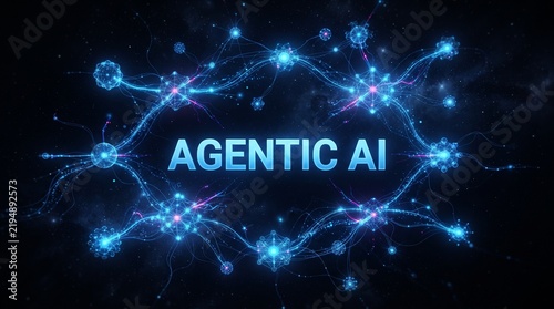Agentic AI text displayed with glowing blue neural network nodes on a dark digital background