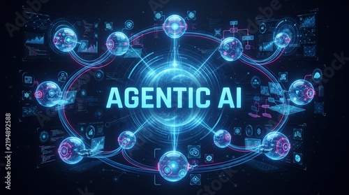 Agentic AI text displayed on a futuristic digital interface with glowing interconnected data nodes