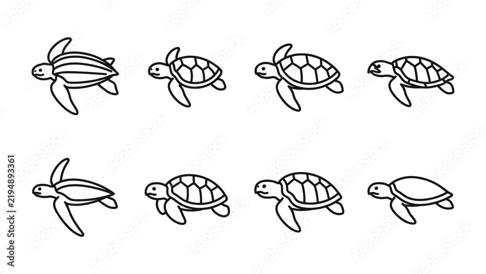 Obraz premium Turtle Icon Set: A collection of eight simple, black and white line art illustrations of turtles, showcasing various styles and details of their shells and flippers.