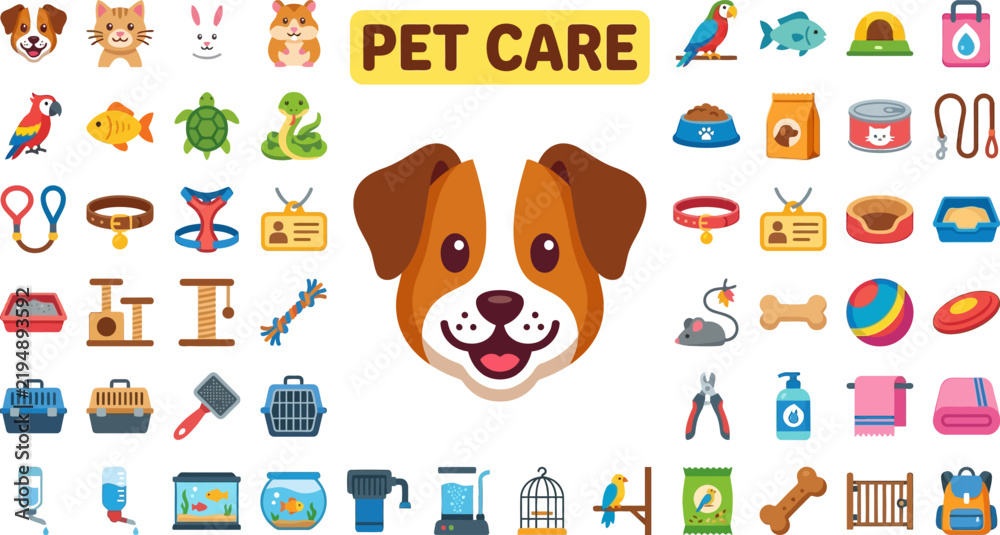 Fototapeta premium Comprehensive Pet Care Icons Set Featuring Dogs Cats Birds Fish Reptiles Accessories Food Grooming Toys Medical Supplies