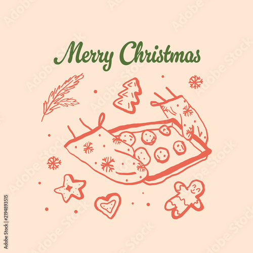 Merry Christmas line art card featuring baking tray with cookies, oven mitts, gingerbread man, pine branch, and snowflakes on beige background. Holiday vector layou