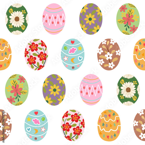 seamless vector pattern features various colorful Easter eggs decorated unique floral geometric displays vibrant patterns includ daisies pink blossoms yellow sunflowers stars hearts arranged neatly