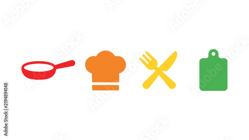 Cooking Icons Set, Flat Vector Illustration of Kitchen Utensils Chef Hat and Cutlery Elements Collection

