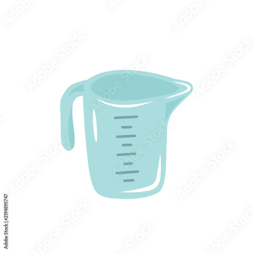 Plastic blue measuring cup jug with measurement scale markings and handle for baking and cooking isolated on white background. Kitchen utensil vector element.