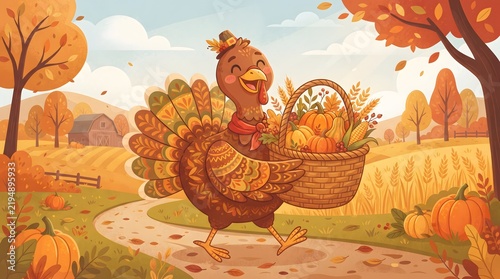 Cute cartoon turkey carrying woven harvest basket with seasonal pumpkins art.