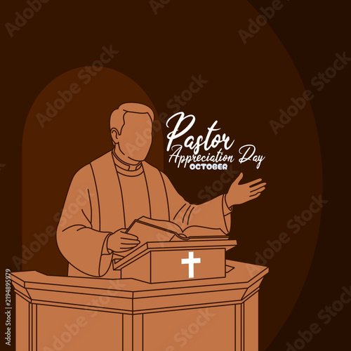 Honor church leaders with a minimalist vector silhouette illustration featuring a pastor preaching from the pulpit while holding a Bible. Pastor Appreciation Day, October. Religious themed background