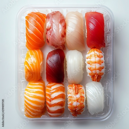 Twelve pieces of assorted sushi in a clear plastic container isolated on white background