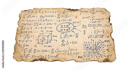 Quadro su tela Ancient mathematical manuscript on burnt parchment featuring complex geometry and physics formulas for study