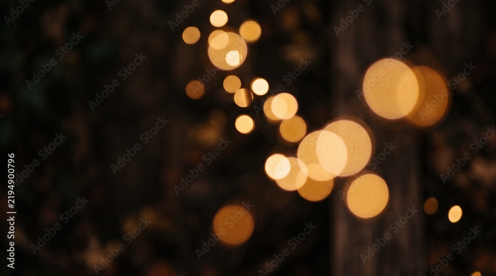 Fototapeta premium Abstract golden bokeh lights forming soft, glowing circles against a dark, blurred background, creating a magical and dreamy atmosphere, perfect for festive overlays or mystical design elements