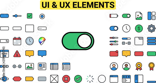 Comprehensive Collection of Modern Ui and Ux Interface Elements for Web and Mobile App Design Including Icons Buttons Toggle Switches Sliders Notifications Alerts Input Fields Forms Charts Graphs