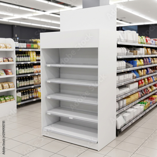 Empty Supermarket Endcap Display Shelving Unit in Grocery Store Aisle