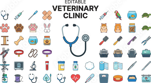 Editable Veterinary Clinic Icons Set Featuring Medical Tools Pet Care Supplies and Animal Symbols for Infographics Presentations