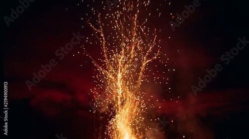 Fiery orange sparks rising from a bonfire against a dark night background with abstract explosion background particle fireworks combustion