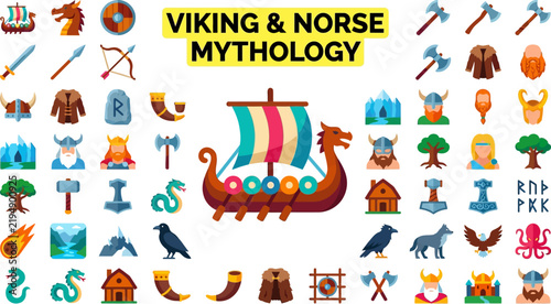 Viking Norse Mythology Icon Set Featuring Gods Warriors Ships Weapons Runes Animals and Symbols for Historical Designs
