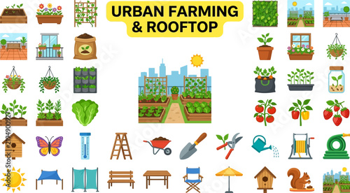 Comprehensive Urban Farming and Rooftop Gardening Icons Set with Vegetables Tools and City Backgrounds