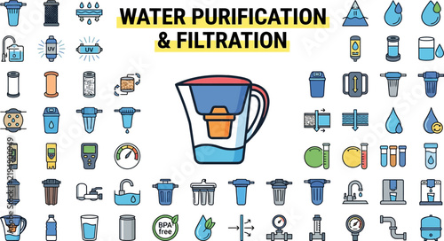 Water Purification and Filtration System Icons Set Including Filters Uv Sterilizers Water Pitchers Faucets and Testing Equipment