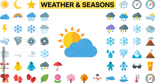 Comprehensive Weather and Seasons Icons Set Featuring Sun Moon Clouds Rain Snow Tornadoes Volcanoes Thermometer Wind Direction Clothing Nature Symbols