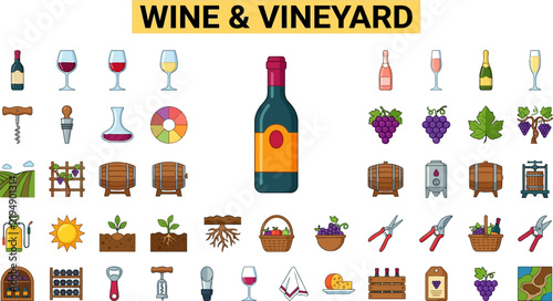 Wine and Vineyard Icon Set Featuring Wine Bottles Glasses Grapes Vineyard Tools Vine Leaves Barrels Fermentation Equipment Wine Accessories