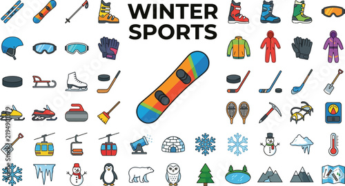 Winter Sports Equipment and Activities Icon Set Featuring Skis Snowboards Ice Hockey Curling Ski Gear Snowflakes Animals and Mountain Scenery