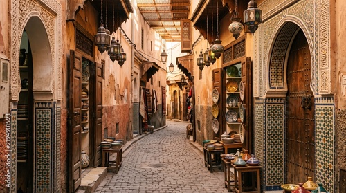 Traditional moroccan souk alleyway features intricate ceramic plates hanging on walls with decorative lanterns casting warm light inside ancient stone buildings