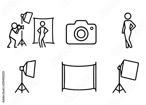 Minimalist Photography & Photoshoot Stick Figure Icons – Studio, Camera & Modeling Collection