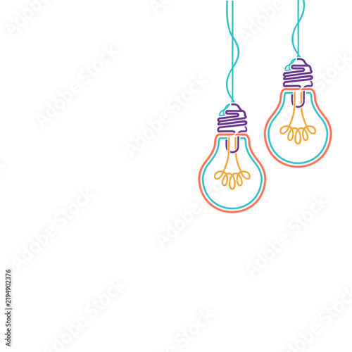 Abstract vibrant neon outline light bulbs illustration hanging with glowing colorful lines creating a creative illumination concept for digital art