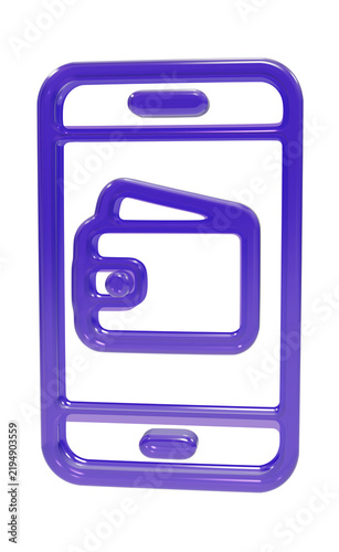 A3d rendered purple smartphone with a wallet symbol, featuring a glossy plastic texture on a transparent background
