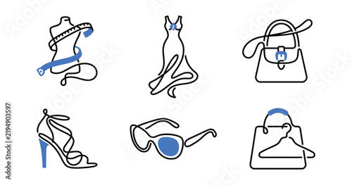 Continuous Line Fashion Icon Set with Sneaker, Dress, Handbag, High Heel, Sunglasses and Shopping Bag Symbols