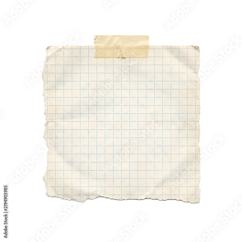 Obraz na plátně Torn sheet of graph paper attached with tape, showing wrinkles and lines on transparent background