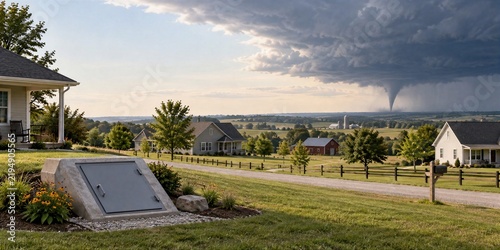 Underground Concrete Storm Shelter in Rural Neighborhood with Distant Tornado