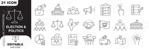 Election Voting Politics icons in line design. election, voting, politics, ballot, democracy, government, campaign on white background vector. Election Voting Politics editable stroke icon
