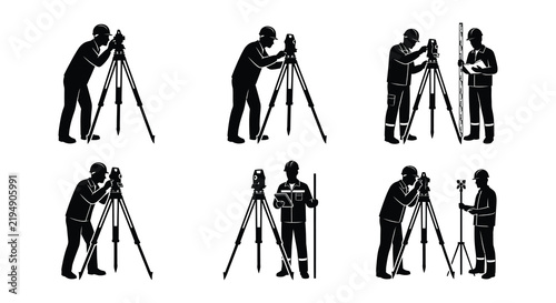 Silhouettes of surveyors with equipment on a white background