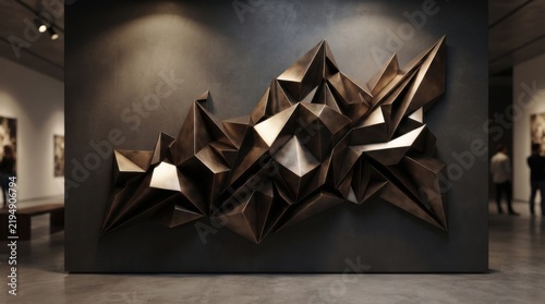 Abstract 3D geometric shape with sharp black edges and dark lighting