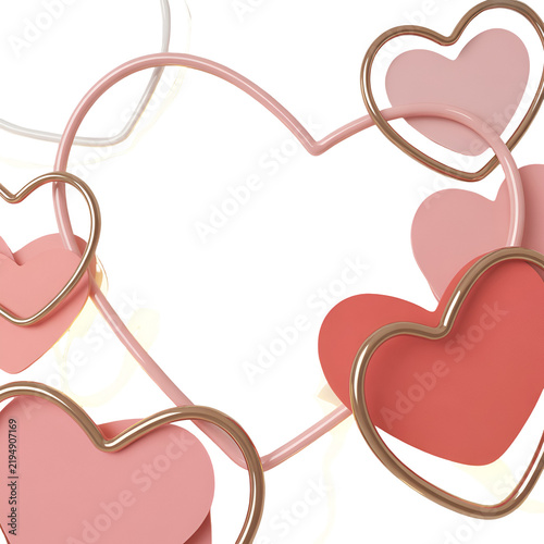 Pink and red heart shapes with metallic gold outlines arranged in a decorative frame composition