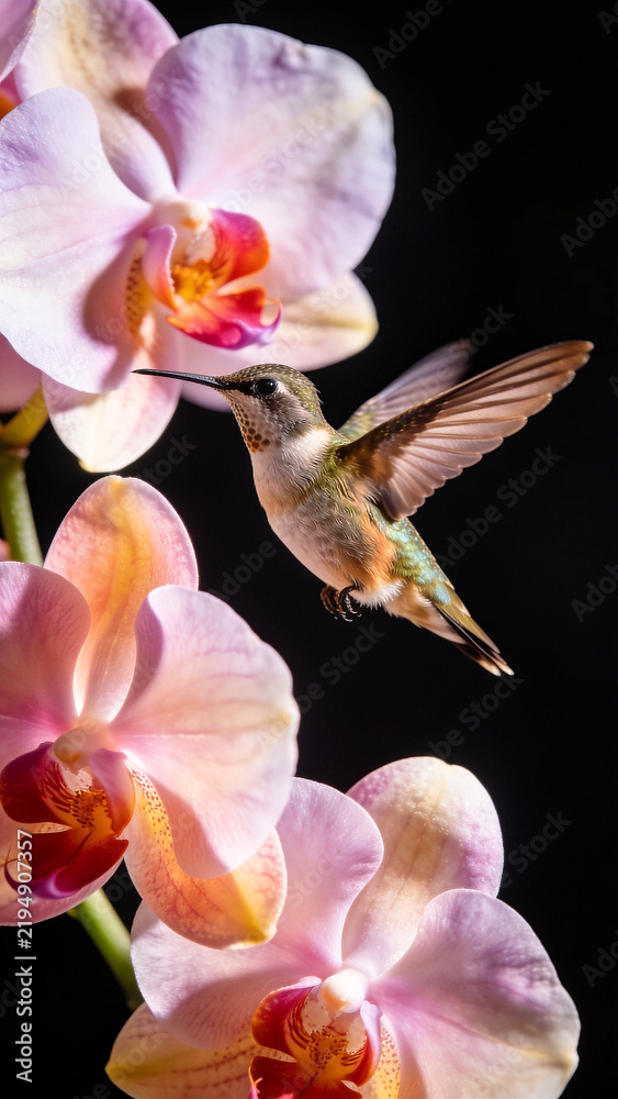 Fototapeta premium Orchid flowers and hummingbird on black background. Beautiful, exotic, tropical blooms and iridescent color bird flying and drinking nectar. White, pink, yellow and magenta blossoms. Close up, motion
