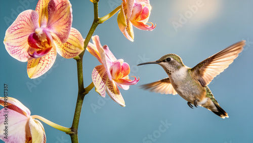 Orchid flowers and hummingbird on blue background. Beautiful, exotic, tropical blooms and iridescent color bird flying and drinking nectar. White, pink, yellow and magenta blossoms. Close up, motion 
