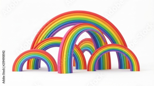 Colorful 3D rainbow arches stacked together on a white background