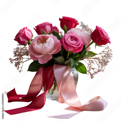 Beautiful bouquet of pink and red roses with peonies and silk ribbons in a glass vase for gift