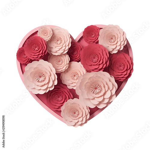 Beautiful pink and red paper flowers arranged in a heart shape for romantic love and celebration