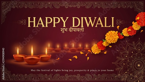 Happy diwali festive background with diyas and marigold floral arrangement