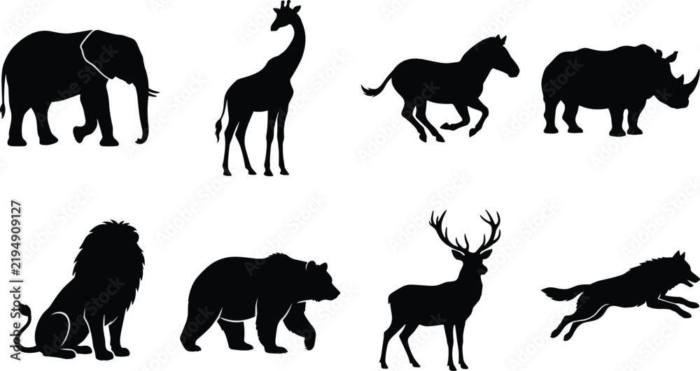 Obraz premium Wild African Animal Silhouette Collection Featuring Elephant Giraffe Horse Rhinoceros Lion Bear Deer and Wolf
