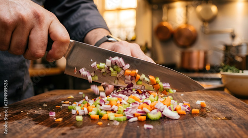 Professional chef hands dicing fresh vegetables with a sharp kitchen knife on a rustic wooden cutting board in a warm restaurant kitchen setting for gourmet meal preparation and culinary photography