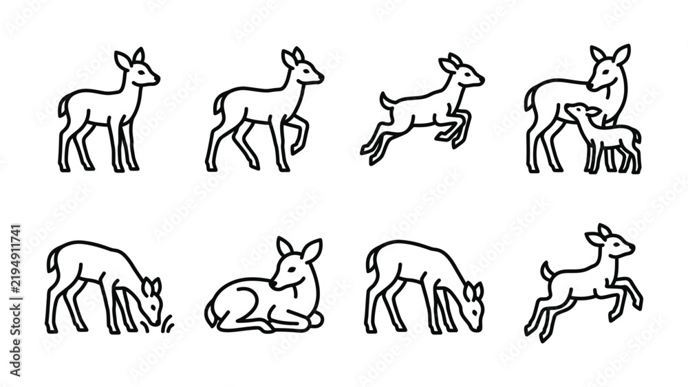 Fototapeta premium Deer Icon Set: A collection of simple line art icons depicting deer in various poses and activities, from standing and walking to grazing, resting, and jumping.