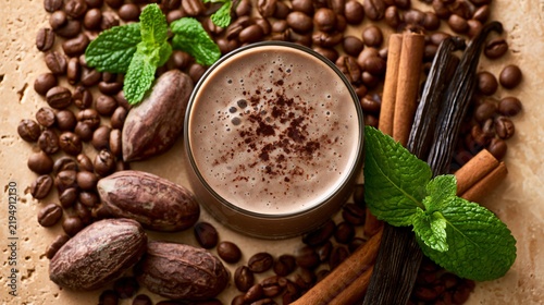 A refined coffee-inspired composition featuring a coffee smoothie arranged on warm beige plaster surrounded by roasted coffee beans, cocoa pods, vanilla pods, cinnamon sticks, and fresh mint