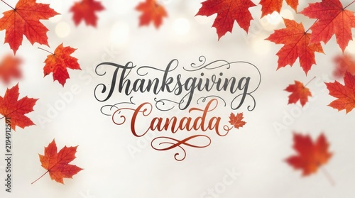 Festive thanksgiving canada calligraphy with falling autumn maple leaves background
