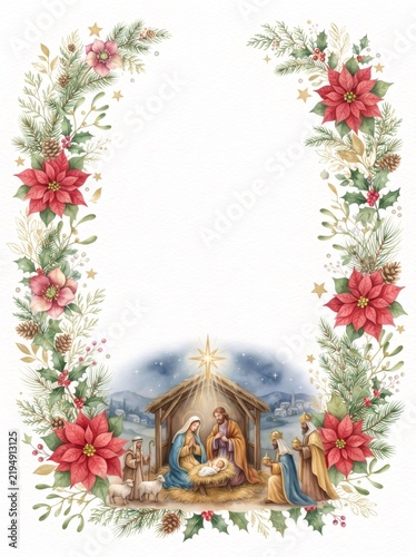 Nativity scene with Holy Family framed by Christmas wreath