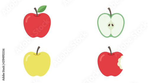 Set of vector illustrations of different apple varieties including whole red apple with leaf, yellow apple, a green apple slice with seeds, and a bitten red fruit isolated on a white background.