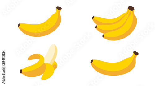 Vector illustration set of ripe yellow bananas in a grid layout featuring a single whole fruit, a bunch of three, and a partially peeled banana isolated on a clean white background for food design