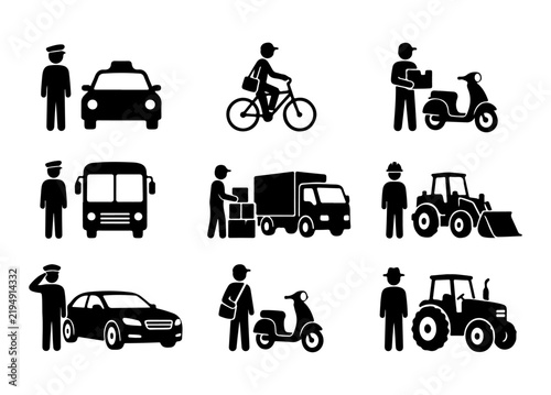 Transportation & Delivery Stick Figure Icons – Driver and Courier Pictogram Set