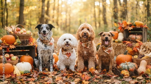 Four adorable dogs pose among autumn pumpkins and colorful fall foliage in a forest
